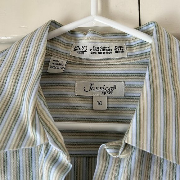 Jessica Sport 100% cotton green and yellow striped button down shirt-Size 14 - Picture 6 of 10